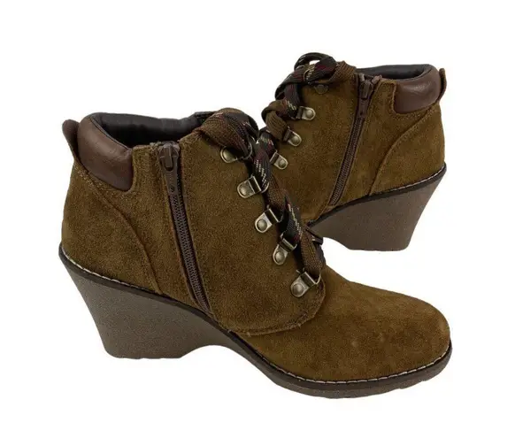 White Mountain *New Liberty Wedge Ankle Booties Womens 9M Brown Suede Lace Up