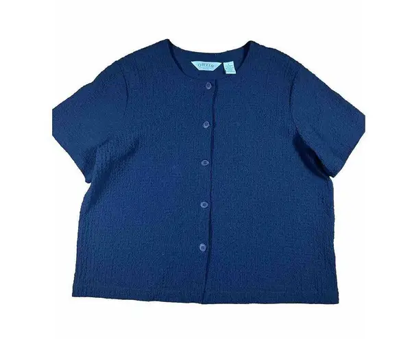 Orvis Top Womens Size L Black Short Sleeve Button up Rayon Blend Crinkle Pucker