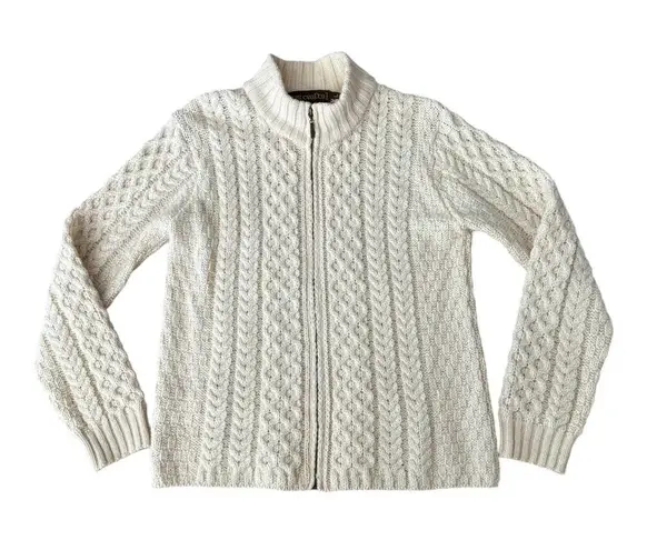 Inis Crafts Irish Cream Wool Zip Cable Knit high neck Cardigan size large