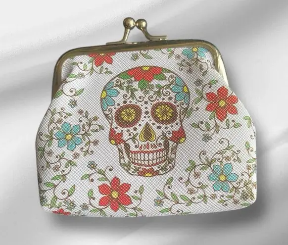 Floral Skull Print Coin Purse White