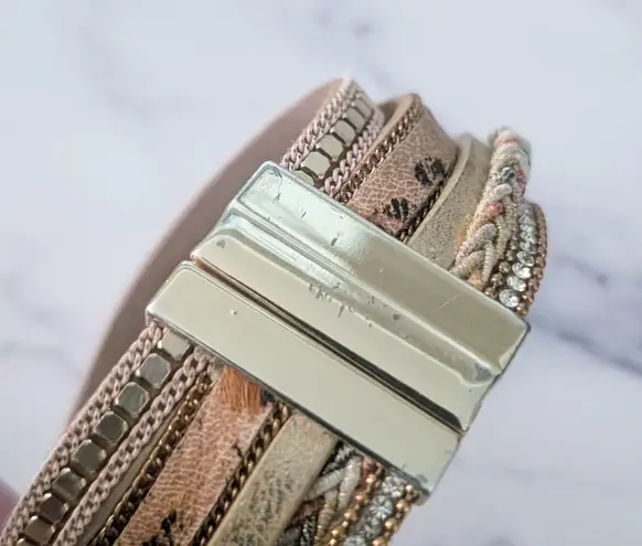 Cuff Bracelet Neutral Tones with Gold Tone & Faux Pearls