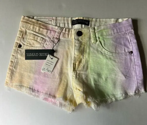 NWT True Gypsy rainbow tie dye Jean shorts in size 3 raw hems