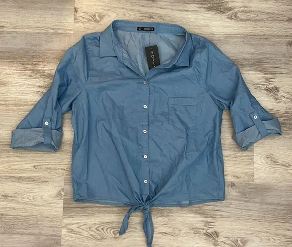 NWT Notebuk Sky Blue Collared Button Down Tie Front Button Up 3/4” Sleeve Shirt Size M