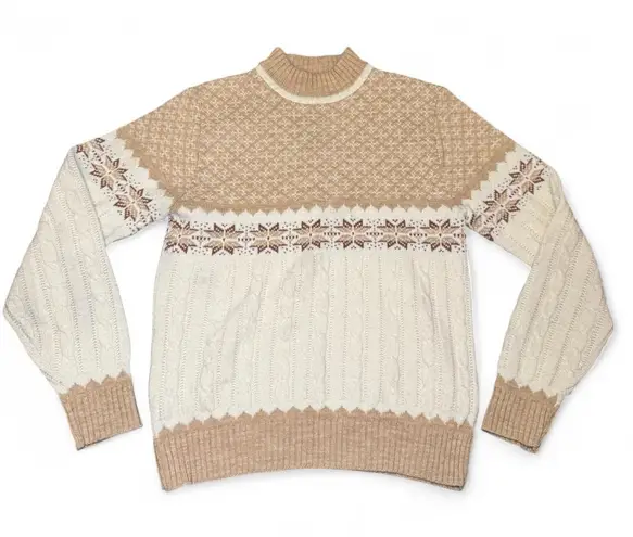 Jantzen Vtg Sweater Women’s Size M Tan Cream Fair Isle Cable Knit Made in USA