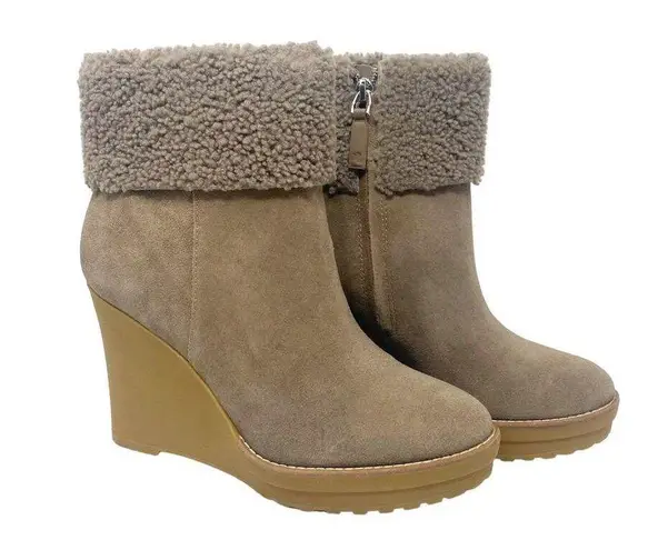 Ralph Lauren NEW LAUREN  Steph Shearling-Cuff Wedge Booties Taupe Size 9.5