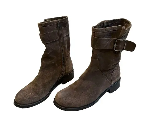 Garnet Hill Taupe Suede Buckle Accent Mid Calf Moto Boot, Sz 6.5