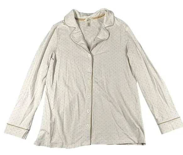 Soma Medium Ivory Gold Pin Dot Button Front Cotton Jersey Pajama Top Shirt White