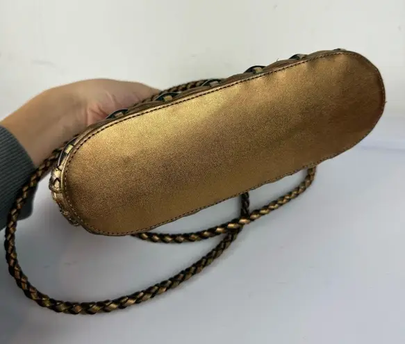 Vtg CEM Gold Metallic Woven Leather Crossbody Bag Full Zip
