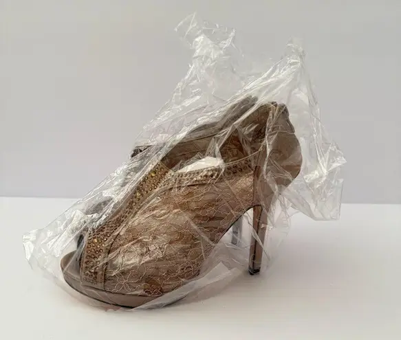 De Blossom Collection Peep Toe Heels Neutral Size 8 Stiletto Party Glam Lace Rhinestone Dress Pumps