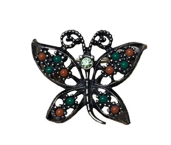 1980 Sarah Cov Butterfly Brooch Pin Costume Designer Jewelry Peach Green Vintage Gold