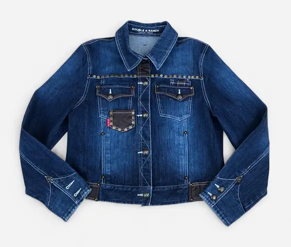 RARE Double D Ranch Bull Embroidered Denim Leather Patchwork Jacket Sz M Blue Size M