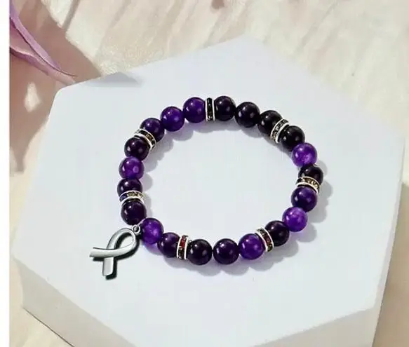 Inspirational Beaded Cancer Survivor Breast Unisex Gift bracelet Purple Crystal
