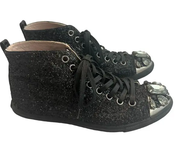 Miu Miu  Black Glitter High Top Sneaker Jewel Toe Tennis Shoe Size 35.5 EU 5.5 US