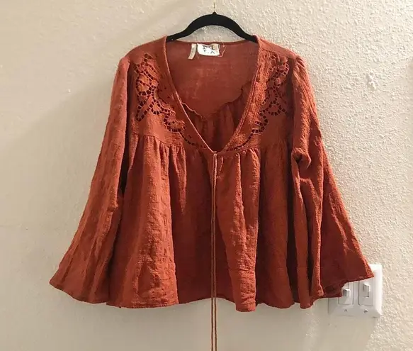 PPLA Boho hippie indie bohemian festival burnt orange bell flounce sleeve v-neck top blouse w/tassels  Similar to free people, anthropologie