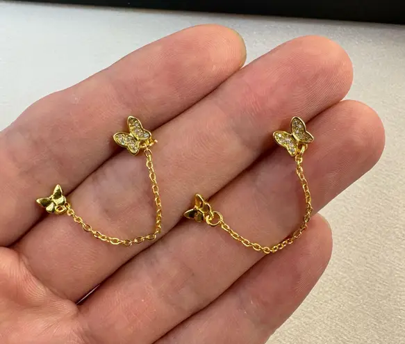 Double Piercing Dangle Chain Butterfly Earrings for Women Gold