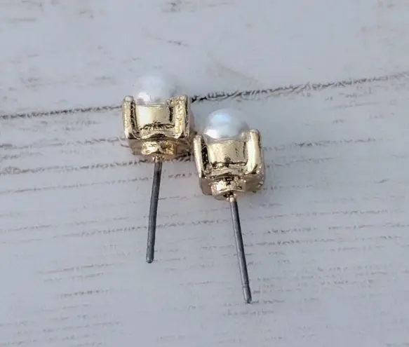 Vintage Stud Earrings Faux Pearl with Square Gold Tone Halo