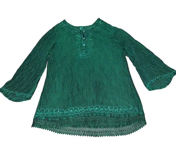 Women's India Boutique Green Boho Top Shirt Free Size Sequin Embroidery Flowy