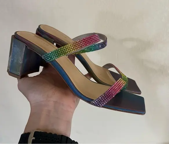 By Far Tanya multicolor rainbow iridescent crystal heeled mule sandal 37/7 Green Size 6