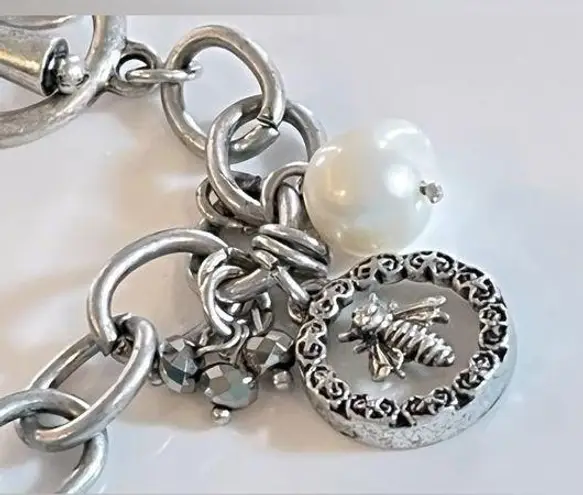 NEW Marlyn Schiff CHARM BRACELET Silver Honey Bee Pearl Facetet Crystal Beads 7”