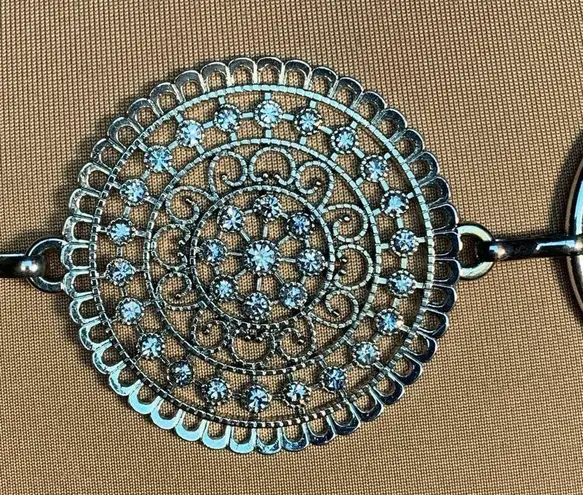 None Silver Tone Rhinestone Filigree Medallion Chain Link Belt Adjustable Fit Boho