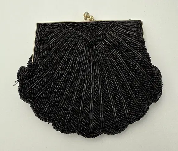 Vintage Joan Bari Black Beaded Clutch Shell Gold Evening Pouch Bag