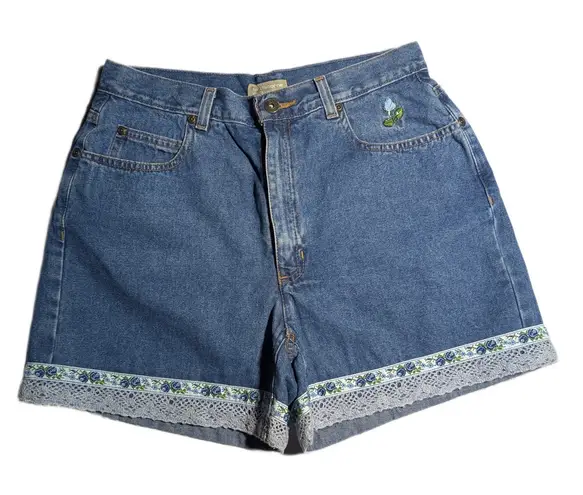 Vtg 1990s Liz Claiborne Blue Denim Floral Embroidered Lace Trim Mom Shorts Sz 10