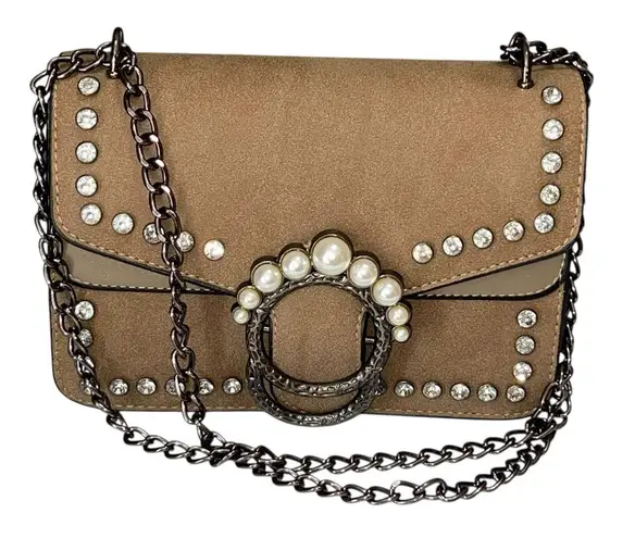 Unbranded Faux Suede Shoulder Bag Rhinestone Pearl Detail Chain Strap Brown Boho