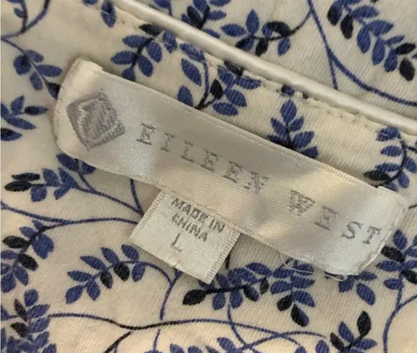 Eileen West Blue White Floral 100% Cotton Long Sleeve Lightweight Nightgown L Size L