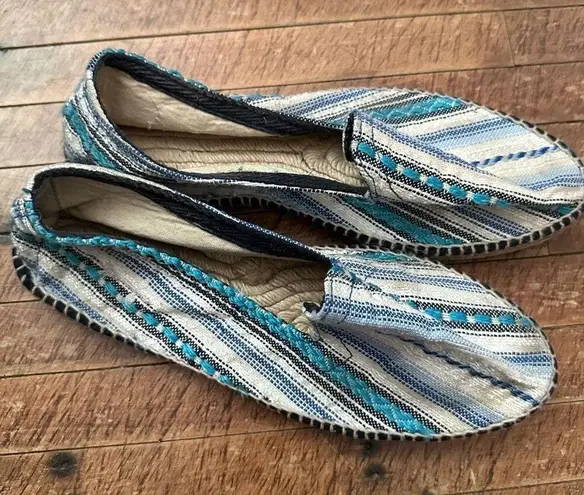 Manebi Anthro blue striped raffia size 8 artsy slip on flats Brown