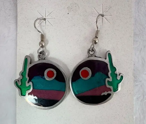 Ninibah Sterling Silver Resin Desert Scene Cactus Dangle Earrings and Pin Brooch