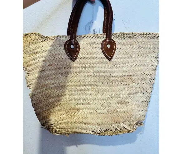 POOLSIDE Woven Straw Open Tote Pink “VACAY” Text Leather Handle Tote Purse