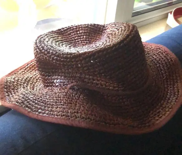 ONIA NWT Raffia Boat Hat Straw Rope Drawstring Tie Under Chin Paprika Purple Red