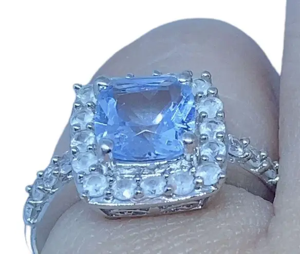 Aquamarine White Sapphire Halo Women's Engagement Ring in Sterling Silver Sz 6