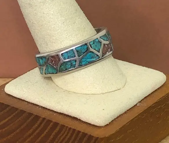 Sterling Silver Southwest Native Crushed Turquoise Coral Mosaic Ring Sz 12-1/2