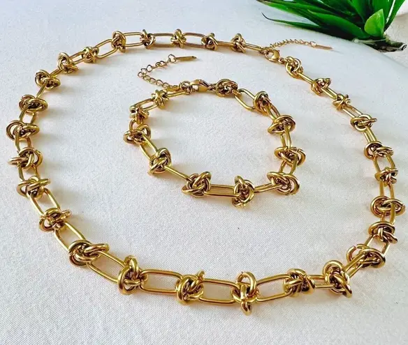 18K Plated Gold Knot Chain chunky Necklace SET Stainless Steel womens jewelry