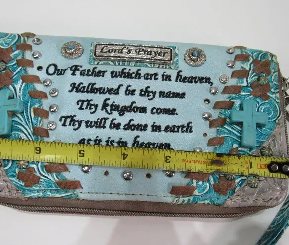 Teal Double Zip Studded Spiritual Tooled Cross Clutch Wallet Cowgirl Y2K Blue