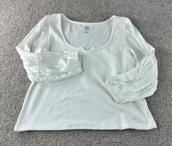 Maeve NWT Anthropologie XL White Blouse Ruched Balloon Sleeve Square Neck Top