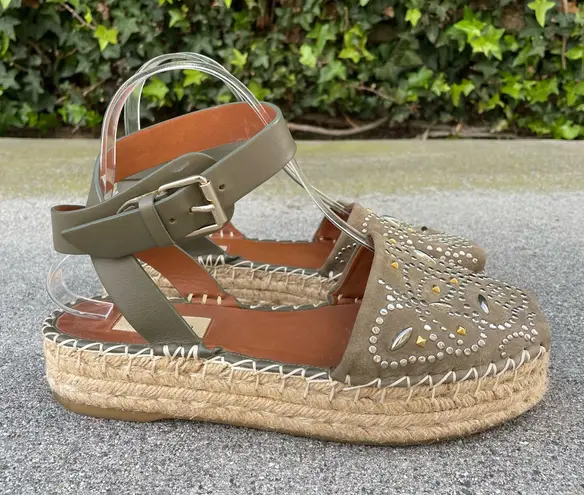 Valentino Garavani Valentino studded green suede and leather ankle-wrap espadrille sandal size 37