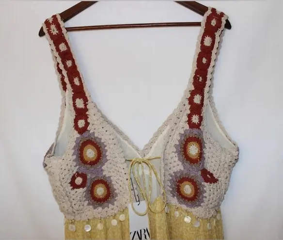 ZARA NWT  Limited Edition Crochet Beaded Low Cut Mini Summer Boho Dress Size XL