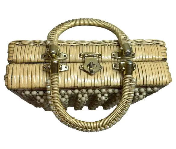 Vintage MCM 1950's Beaded Natural Straw Box Bag Hong Kong Handbag Tan