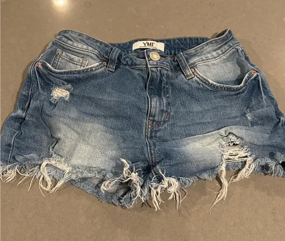Ymi Blue Denim Distressed Frayed Hem Jean Shorts Casual Womens
