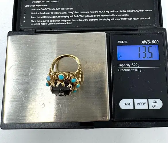 14K yellow gold, onyx, turquoise and diamond ring, vintage, size ~7 Gold