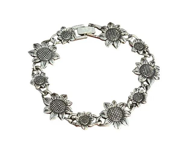 Silver Tone Sunflower Flower Link Bracelet Fold Over Clasp Textured Estate 7"