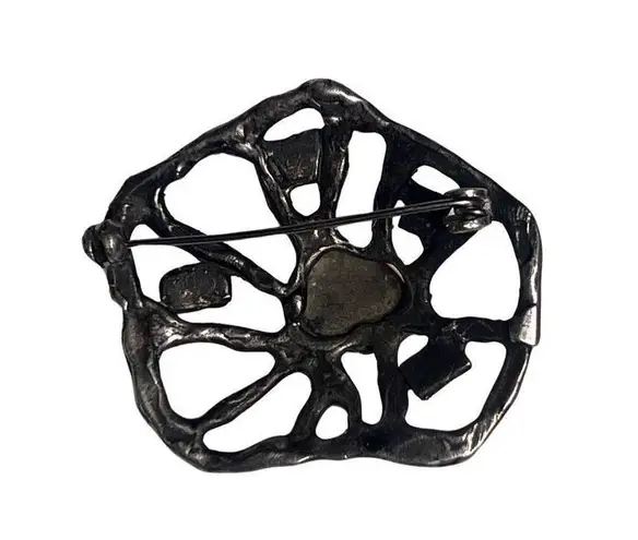 Vintage Brutalist Nouveau Gold Tone Brooch Bright Carnelian Center Stone Silver