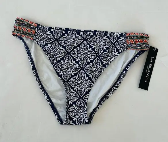La Blanca dark navy blue mandala shirred side bikini bottoms 14 NWT