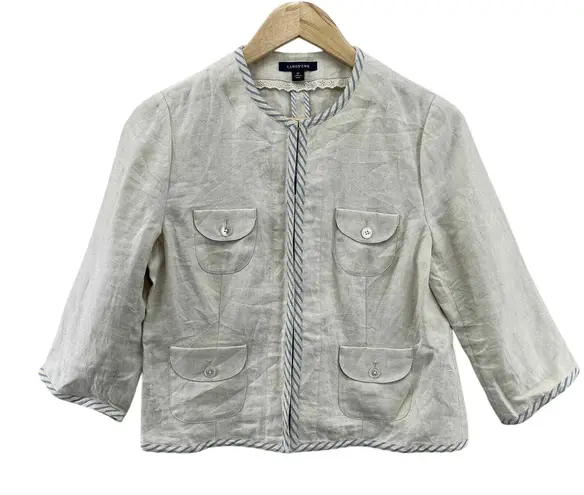 Lands' End Clasp Front Jacket 10P Tan Linen Pockets Nautical Coastal Grandma