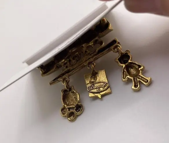 Signed Danecraft Child Care Dangling Charms Pin Brooch Gold Tone