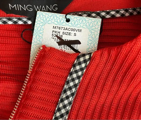 Ming Wang Poppy Red Gingham Trim Zip Front Long Sweater Jacket Womens S new nwt