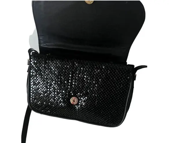 Whiting & Davis Black Leather Black Brass Circle Flat Mesh Crossbody Bag