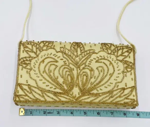 Vintage 80s 90s Gold Yellow Beaded Clutch Shoulder Bag Evening Glam Formal